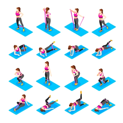 Resistance band exercises isometric set of isolated icons female characters practicing with rope on gymnastic mat vector illustration