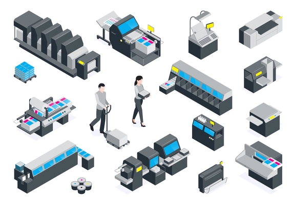 Isometric polygraphy color colored icon set with folding machine setting and printing folding machine and other descriptions vector illustration