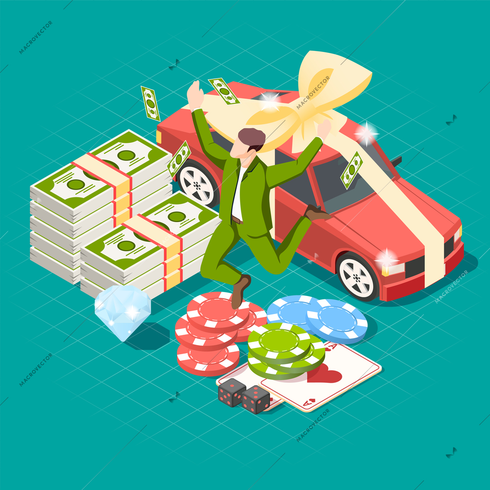 Casino isometric colored composition with bundles of dollar bills game chips red car tied with gift ribbon vector illustration