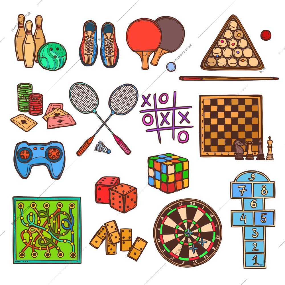 Sport and gambling games sketch colored decorative icons set isolated vector illustration
