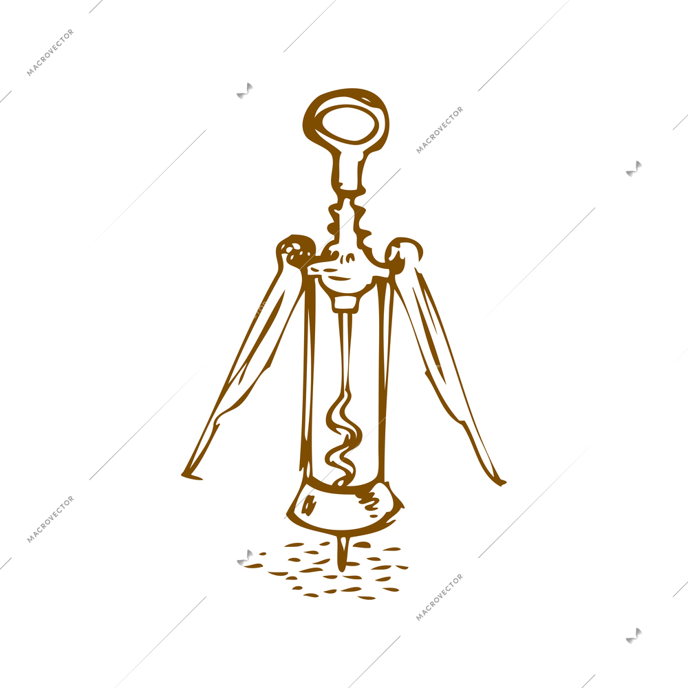 Wine composition with isolated image of hand drawn style wine opener on blank background vector illustration