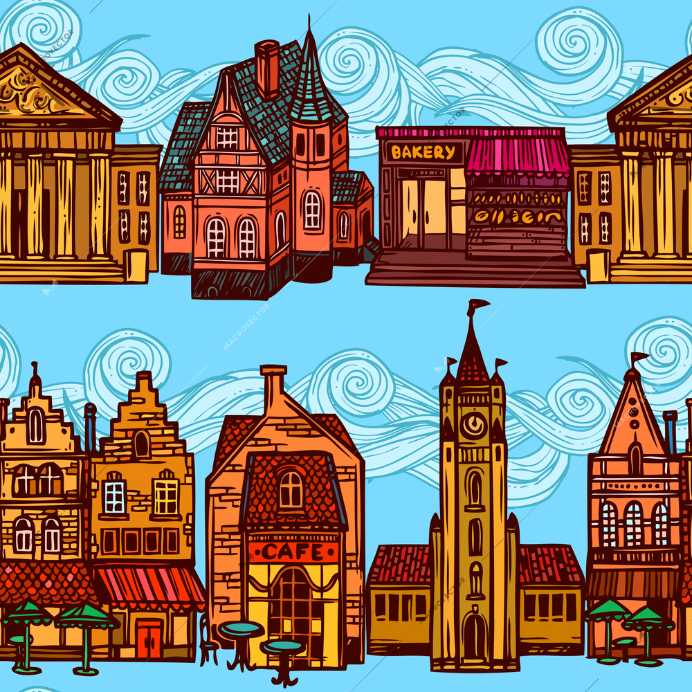 Sketch city decorative colored seamless border with government buildings cafe bakery vector illustration