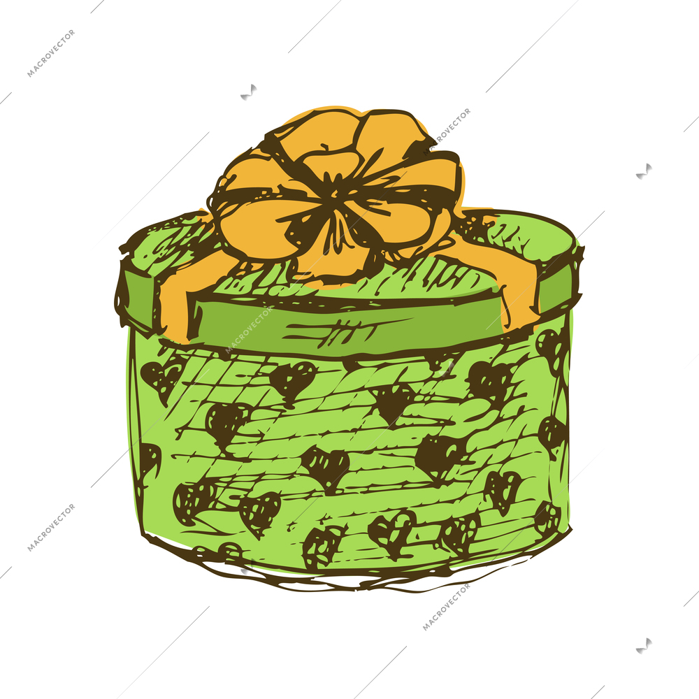 Vintage box hats composition with isolated colored hand drawn style image of round gift box with ribbon bow vector illustration