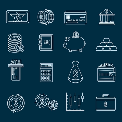 Bank service money outline icons set with gold reserve and piggy bank isolated vector illustration