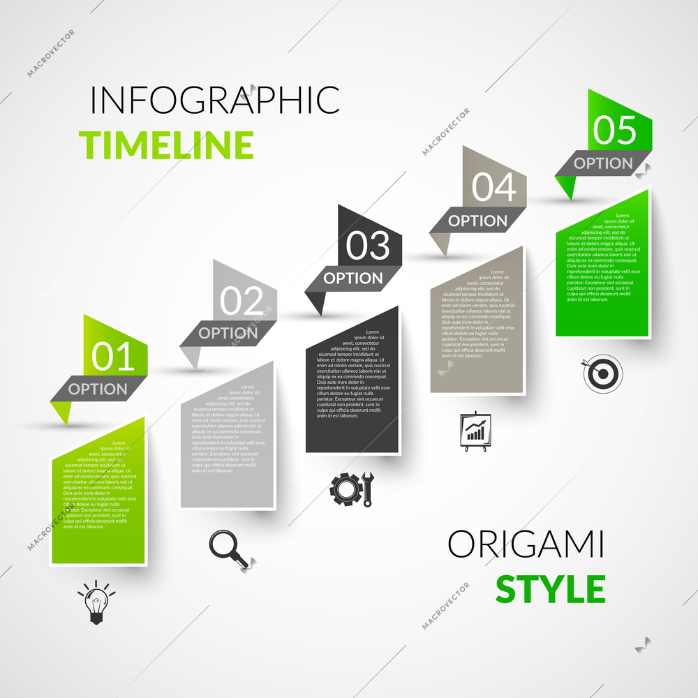 Abstract paper timeline infographics design template with origami style options and business icons vector illustration