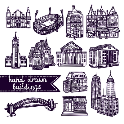 Sketch city building decorative icons set of cinema shop church isolated vector illustration