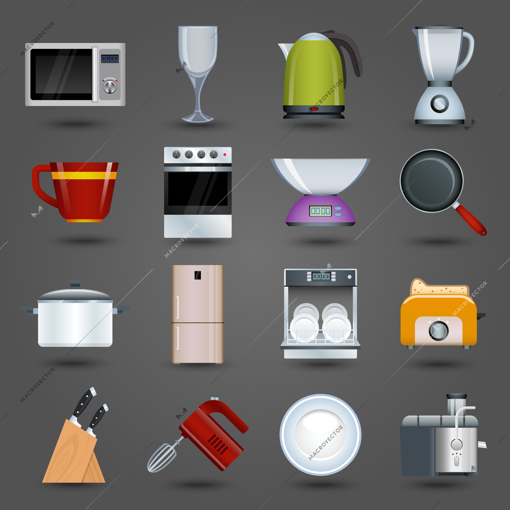 Realistic kitchen appliances icons set with microwave wine glass kettle blender isolated vector illustration