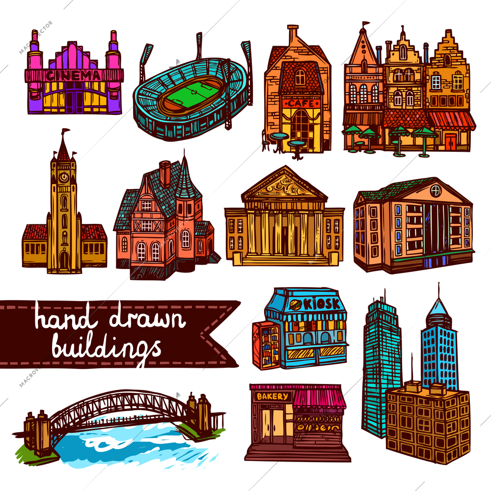 Sketch city building architecture decorative color icons set  isolated vector illustration