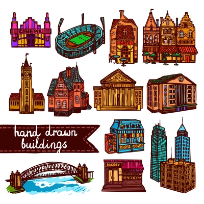 Sketch city building architecture decorative color icons set  isolated vector illustration