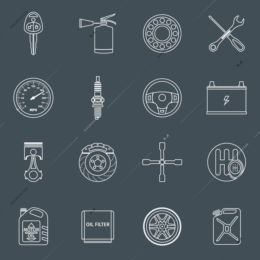 Car system vehicle parts technology auto repair outline icons set isolated vector illustration.