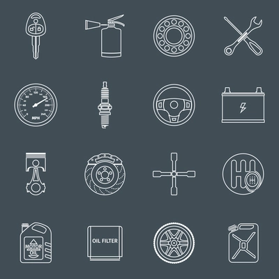 Car system vehicle parts technology auto repair outline icons set isolated vector illustration.