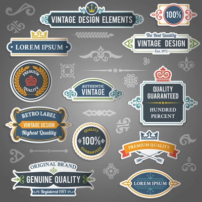 Vintage design elements stickers decorative set isolated vector illustration