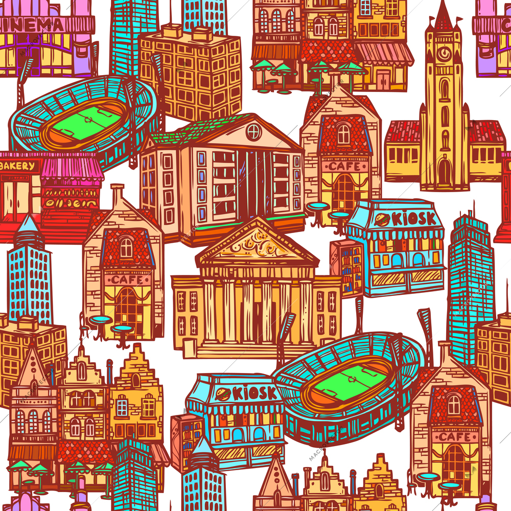 Sketch city decorative colored seamless pattern with office building cafe stadium vector illustration