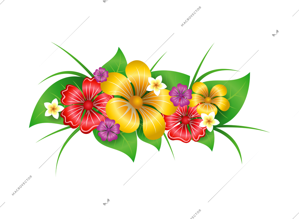 Tropical flowers composition of isolated floral decor elements on blank background vector illustration