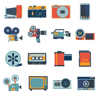 Photo video camera and multimedia equipment flat icons set isolated vector illustration