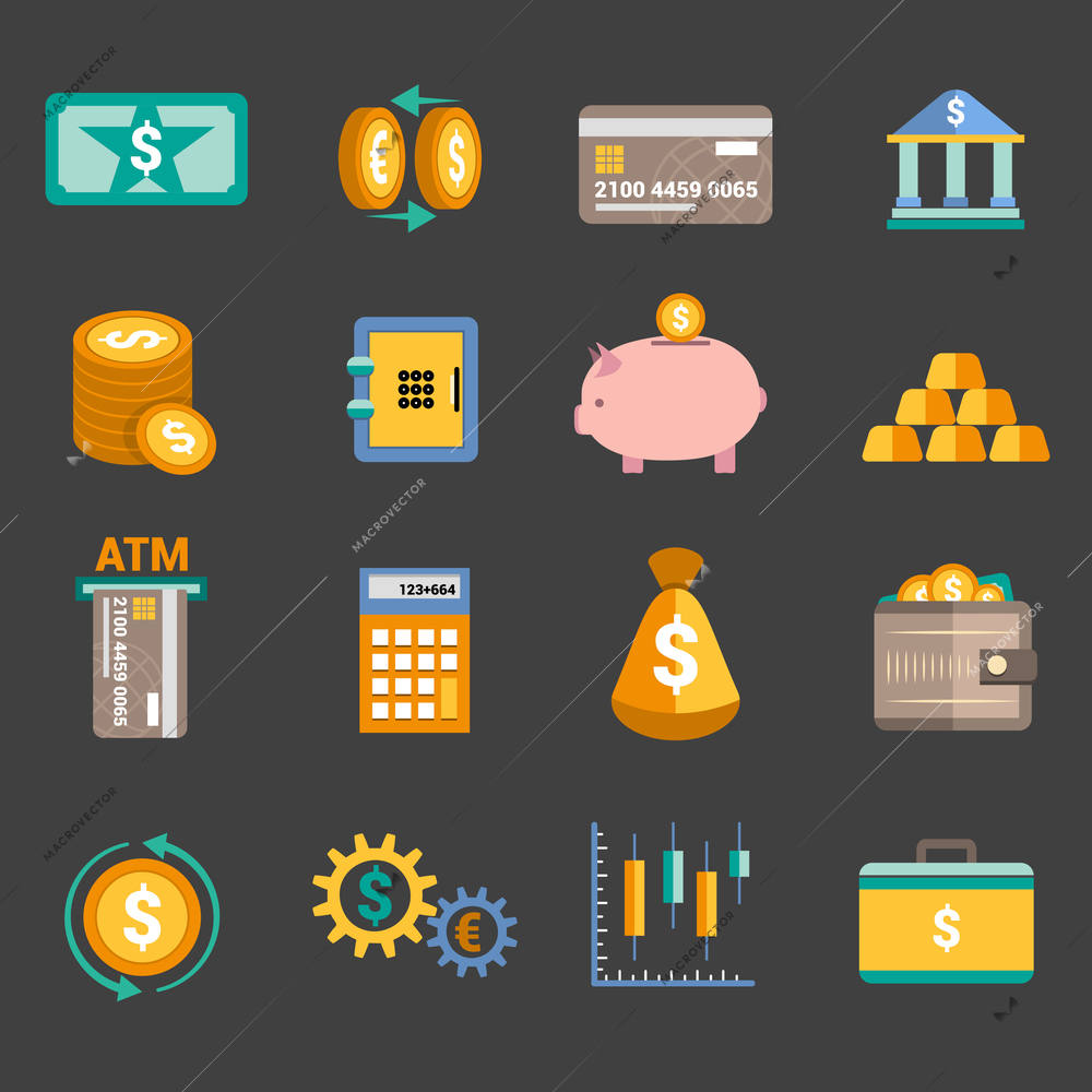 Bank service money icons set with money box storage card isolated vector illustration