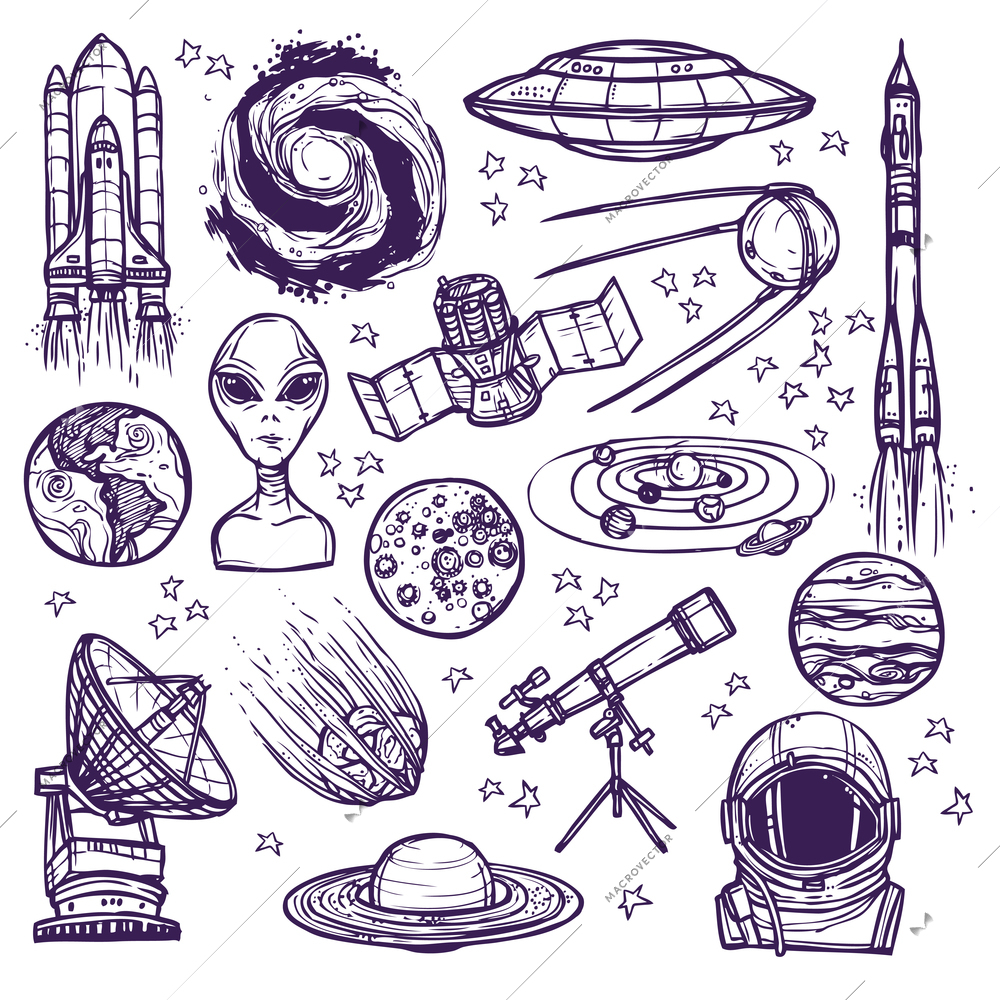 Space and astronomy sketch decorative icons set of telescope alien planets isolated vector illustration