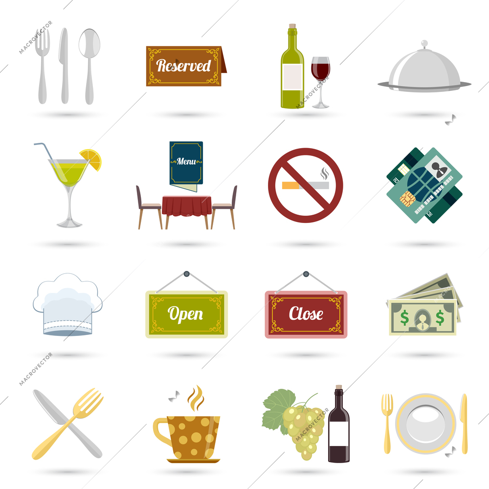 Restaurant food cooking and serving icons set isolated vector illustration