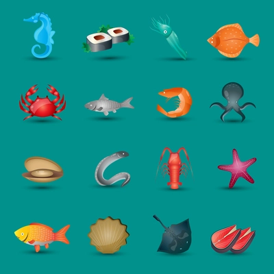 Seafood icons set with fish octopus shrimp stingray isolated vector illustration