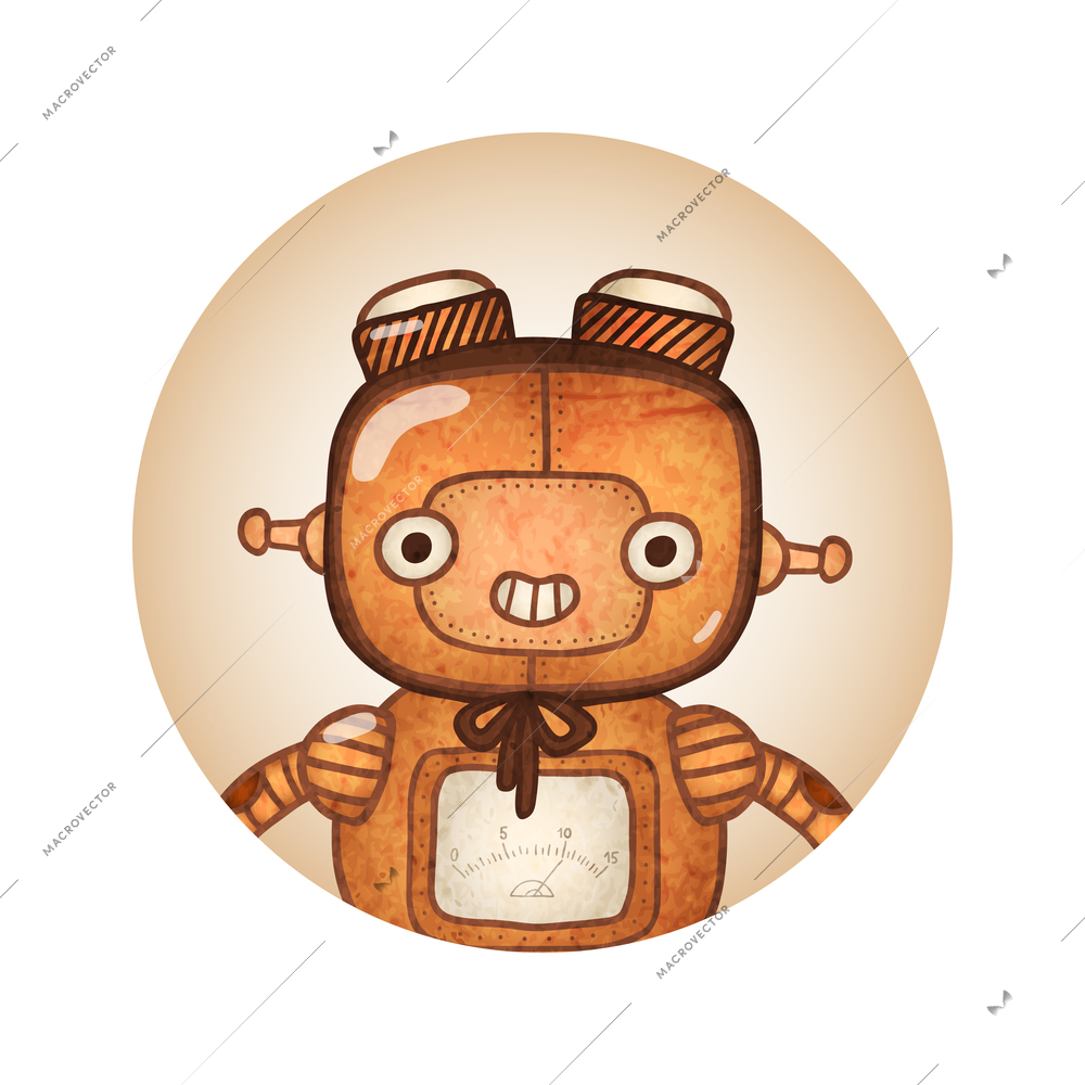 Steampunk business robots round composition with cartoon style character of vintage robot isolated vector illustration