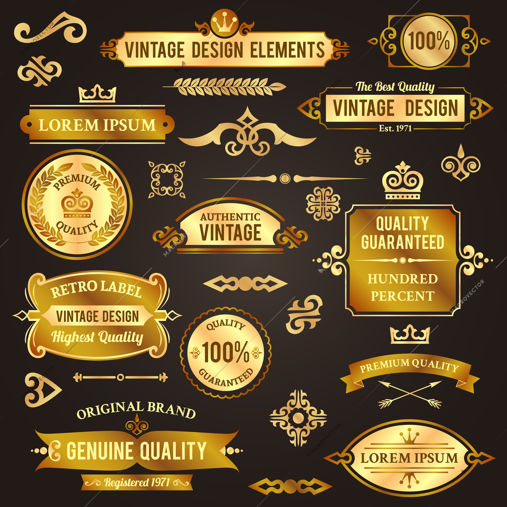 Vintage design elements golden luxury decorative set isolated vector illustration