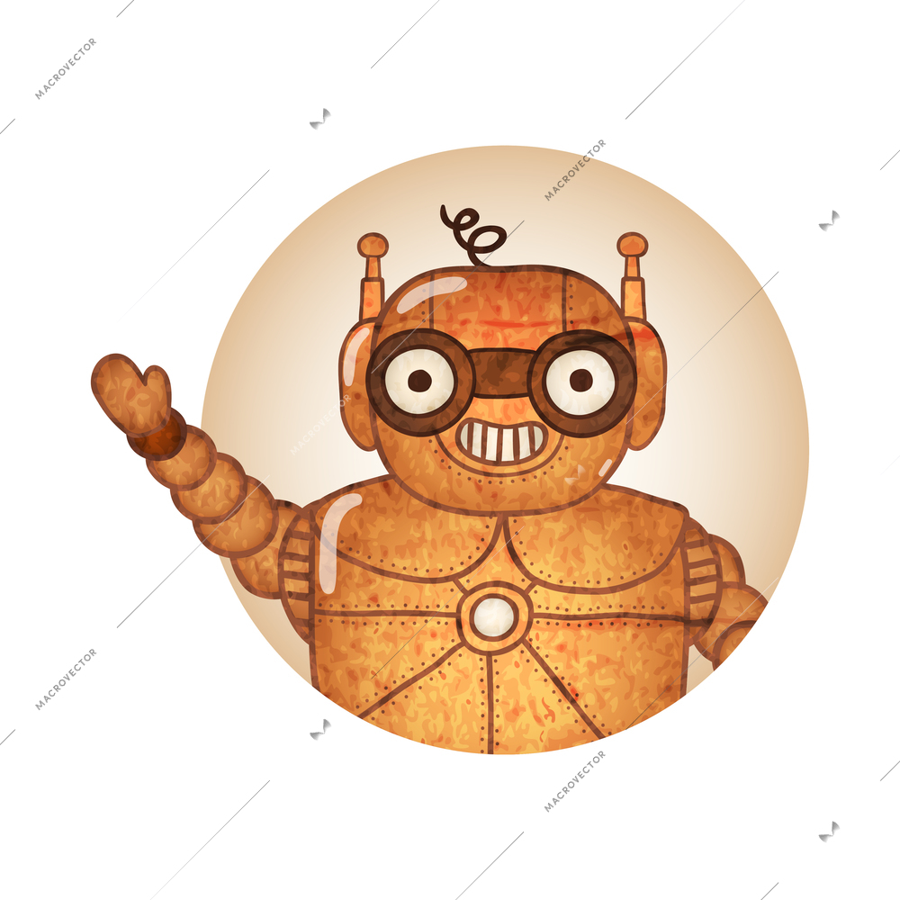 Steampunk business robots round composition with cartoon style character of vintage robot isolated vector illustration