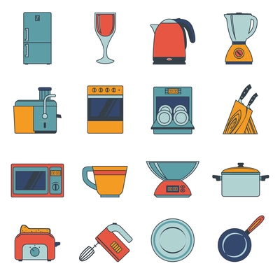 Kitchen appliances icons flat set with fridge wine glass kettle blender isolated vector illustration