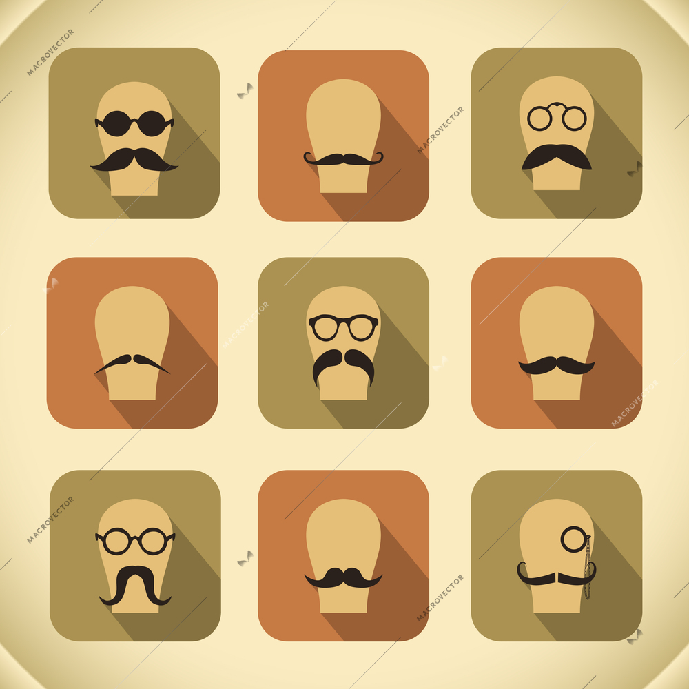 Icons set of hipster mustaches and glasses on hat-blocks isolated vector illustration