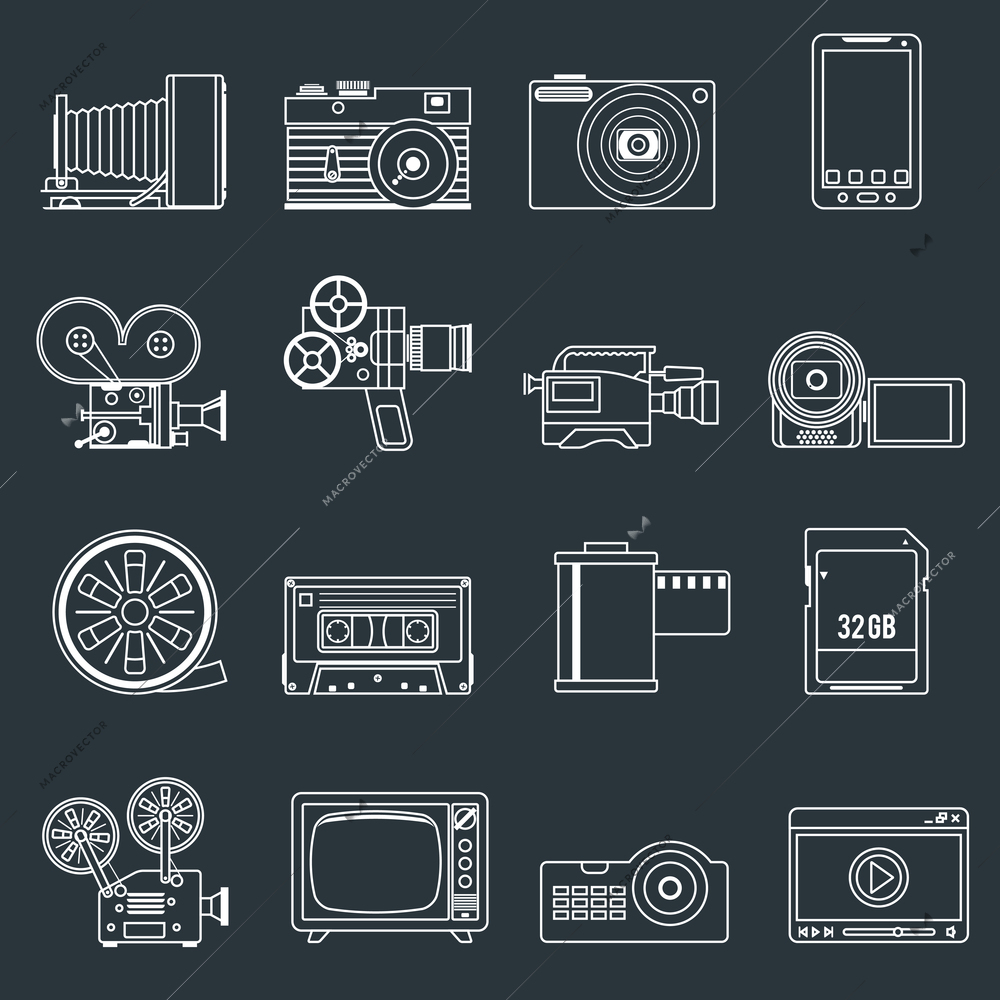 Photo video camera and multimedia professional entertainment equipment outline icons set isolated vector illustration