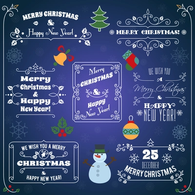 Merry christmas and happy new year holiday typographic labels with wishes set vector illustration