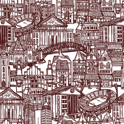 Sketch city decorative monochrome seamless pattern with office and government building vector illustration