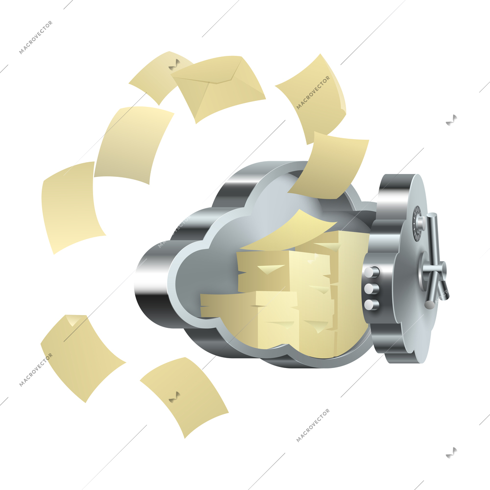 Remote data management and storage cloud database composition with 3d image of cloud shaped safe box with flying paper vector illustration