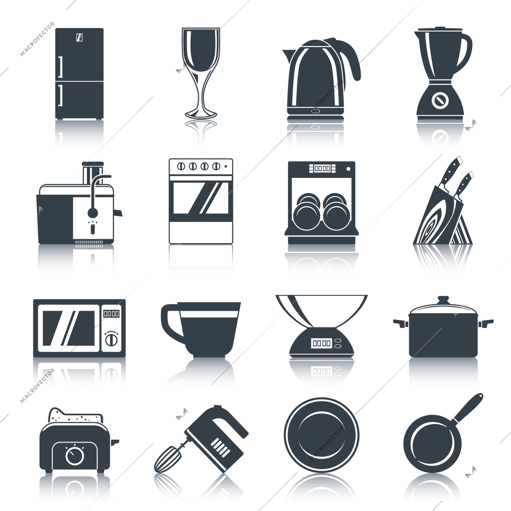 Kitchen appliances icons black set with coffee machine oven dishwasher knifes isolated vector illustration.