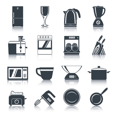 Kitchen appliances icons black set with coffee machine oven dishwasher knifes isolated vector illustration.