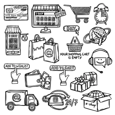 Online shopping e-commerce advertising commercial services sketch decorative icons set isolated vector illustration