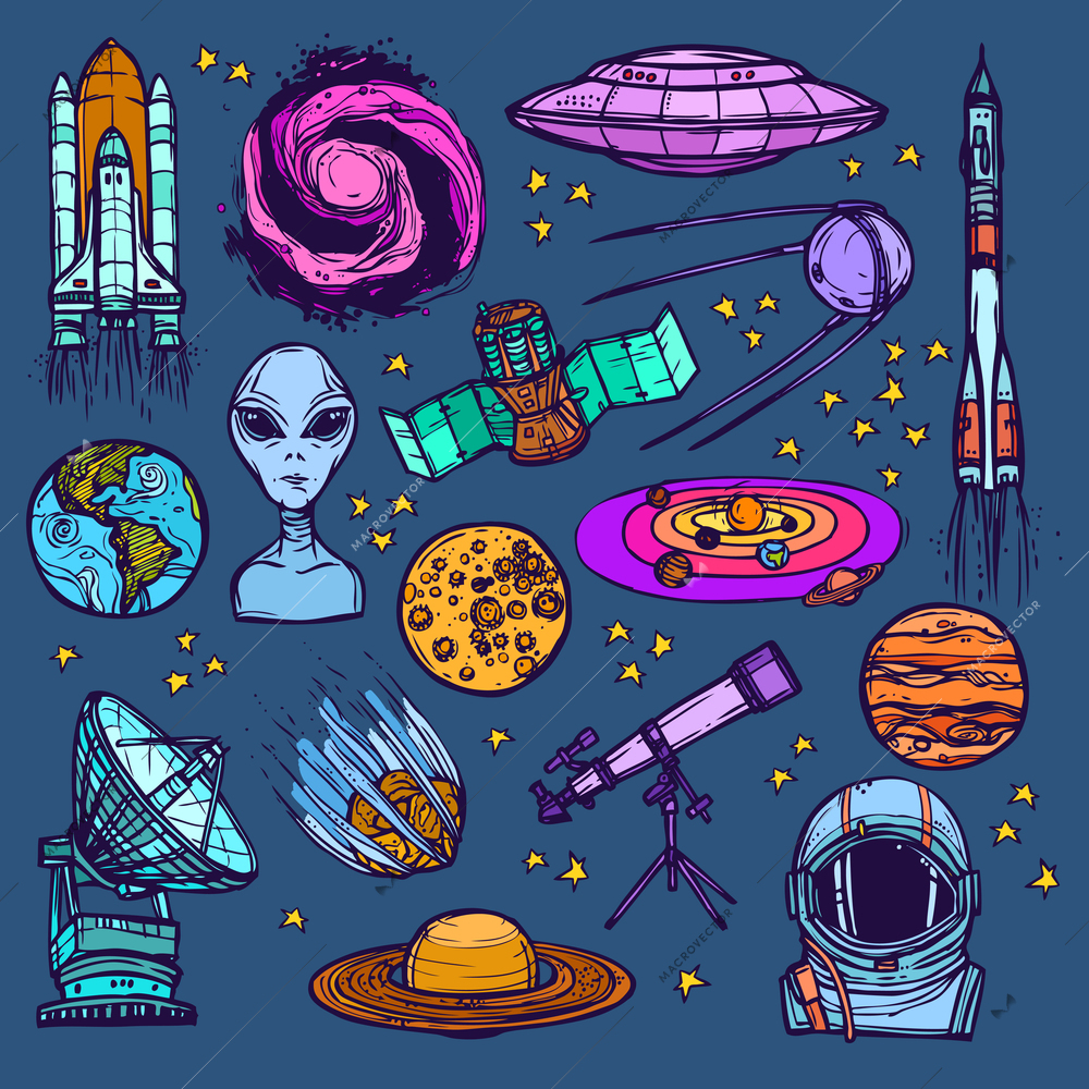 Space and astronomy sketch colored decorative icons set of satellite alien planets isolated vector illustration