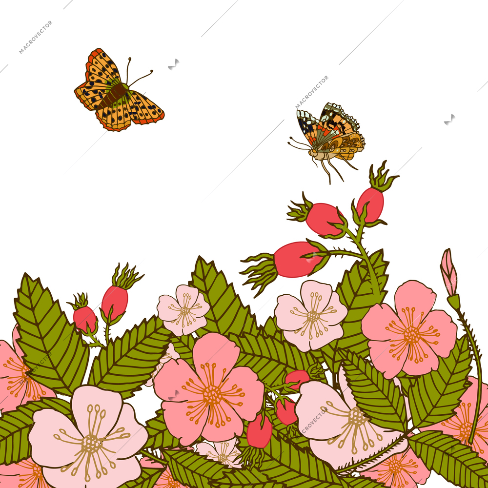 Vintage romantic abstract summer flower branches background with flying butterflies vector illustration.