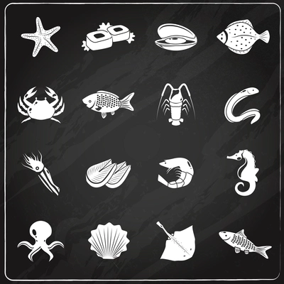 Seafood icons chalkboard set with sushi sea food restaurant menu isolated vector illustration