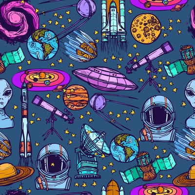 Space and astronomy sketch colored seamless pattern with meteorite astronaut radar vector illustration