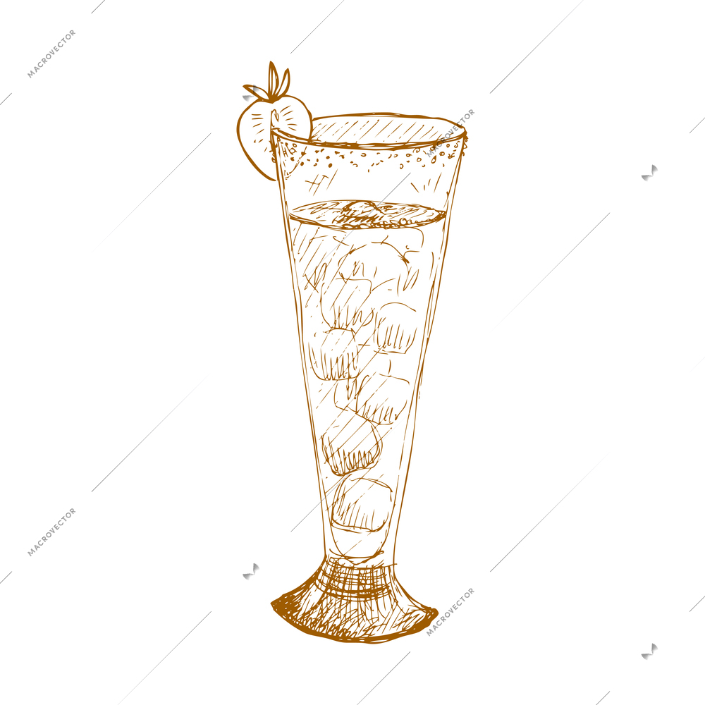 Hand drawn fruit vintage composition with sketch style isolated monochrome image of cocktail glass on blank background vector illustration