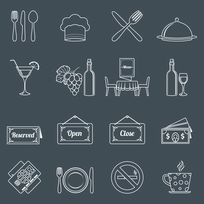 Restaurant food kitchen outline icons set with chef hat wine bottle isolated vector illustration