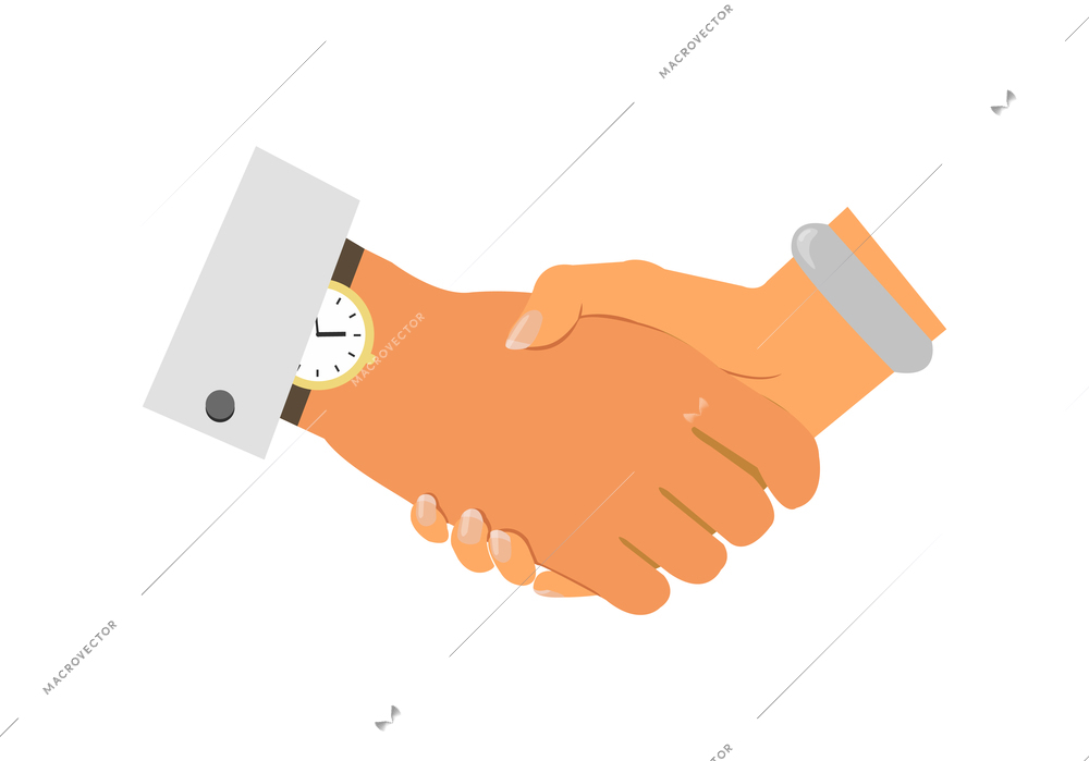 Handshake composition with isolated image of male hand with watches shaking female hand with bracelet vector illustration