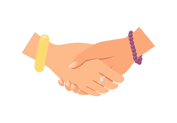 Handshake composition with isolated image of shaking human hands wearing bracelets and rings vector illustration