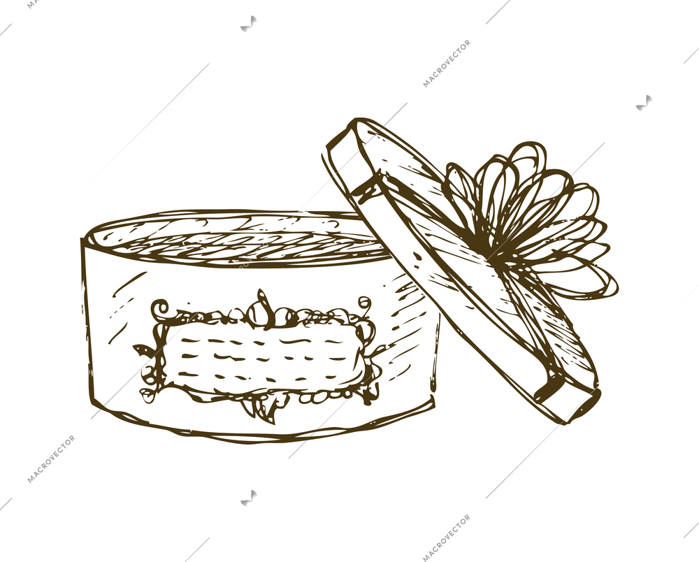 Vintage box hats composition with isolated monochrome hand drawn style image of round gift box with ribbon bow vector illustration