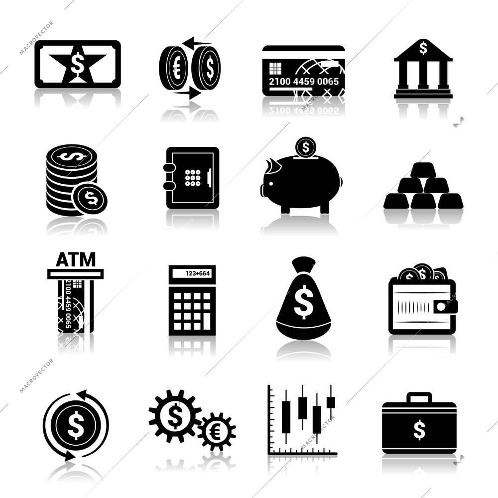 Bank service money black icons set with cash banknote and coins isolated vector illustration