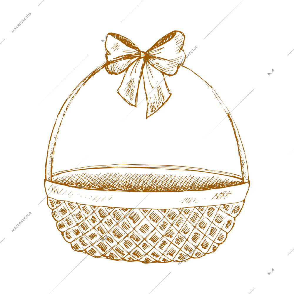 Hand drawn fruit vintage composition with sketch style isolated monochrome image of basket with bow on blank background vector illustration