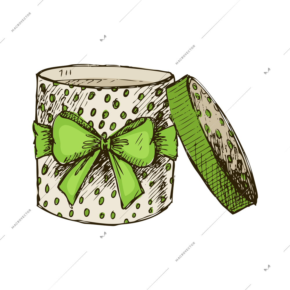Vintage box hats composition with isolated colored hand drawn style image of round gift box with ribbon bow vector illustration