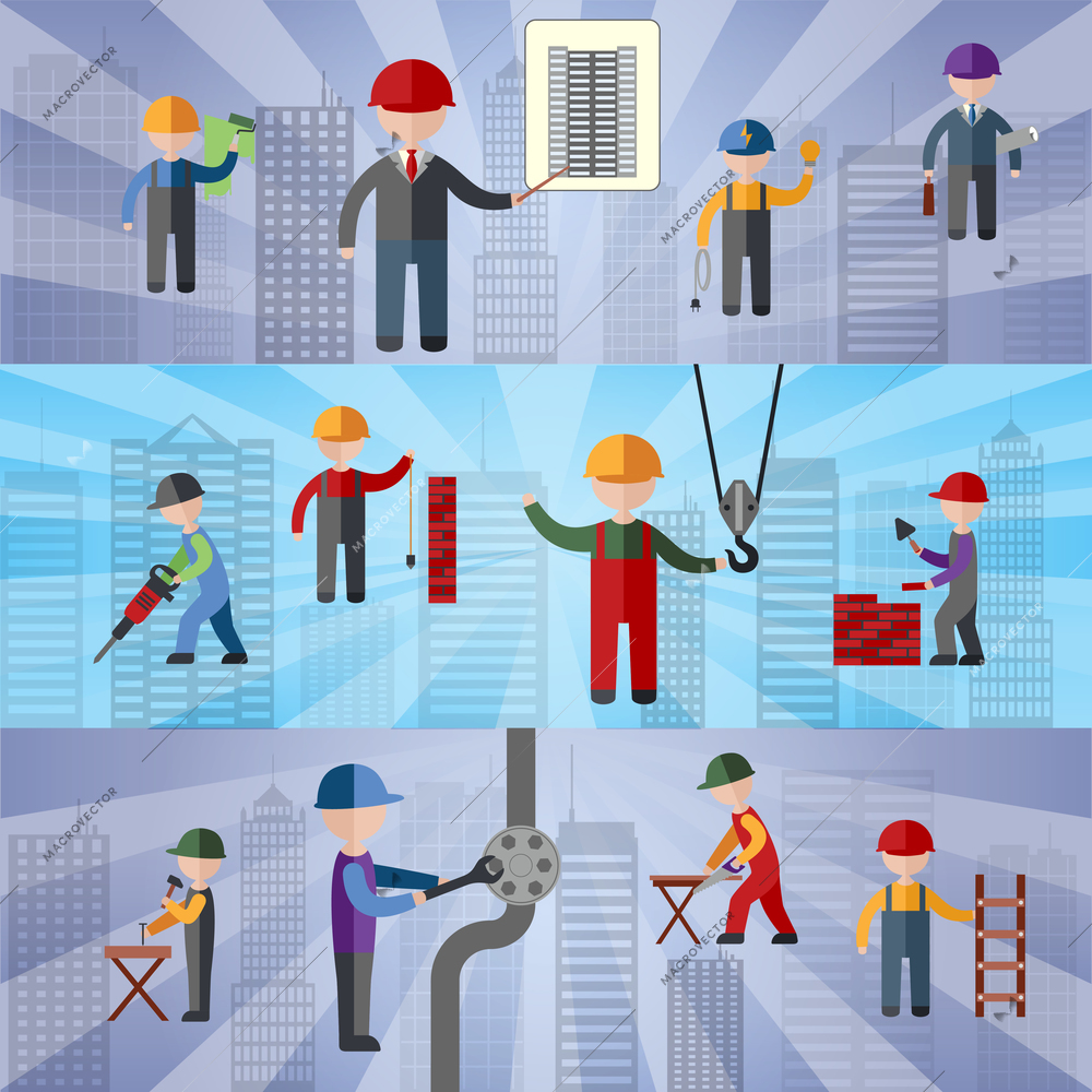 Construction flat horizontal banners set with working people isolated vector illustration