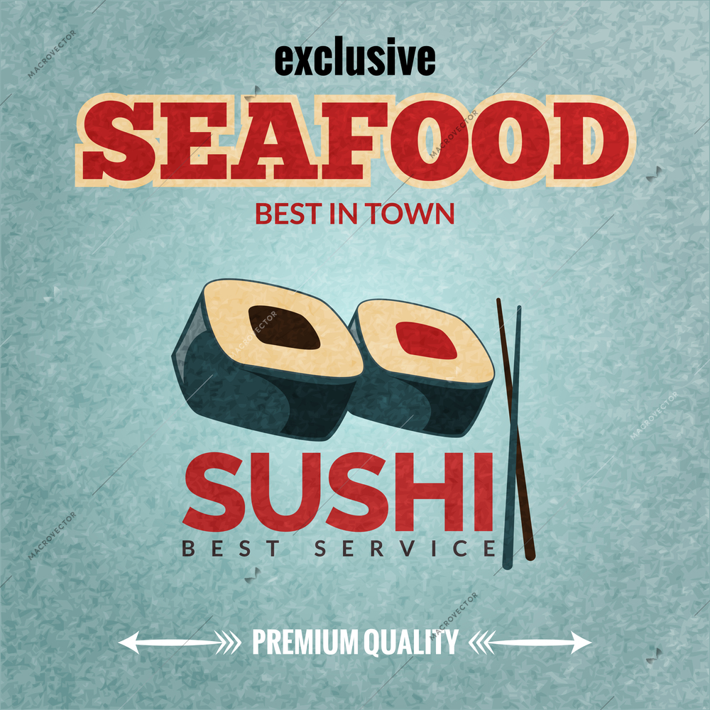 Seafood sushi bar premium quality restaurant retro poster with rolls and chopsticks vector illustration.