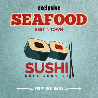 Seafood sushi bar premium quality restaurant retro poster with rolls and chopsticks vector illustration.